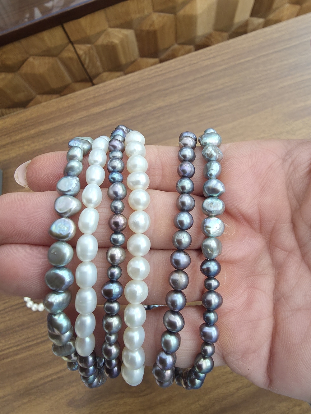 Freshwater Pearl Stretch Bracelet Set - Mixed White and Iridescent Gray